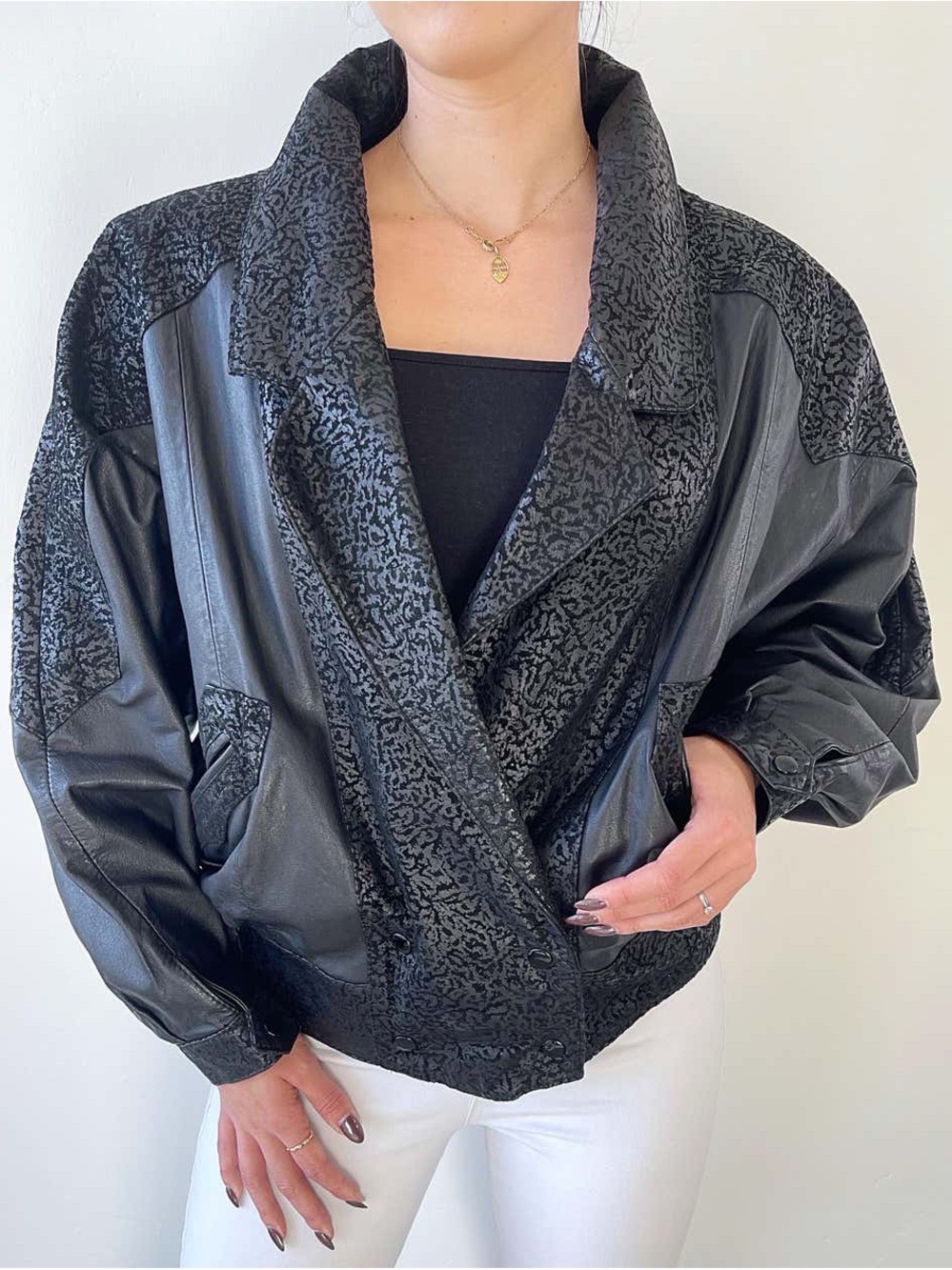 1980s Black Leather Embossed Dolman Sleeve Vintage 80s Moto Jacket Medium